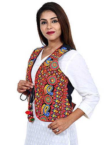 Image of Craft Trade Women's Cotton Embroidered Kutchi Jacket with Tassels Sleeveless Mirror Work