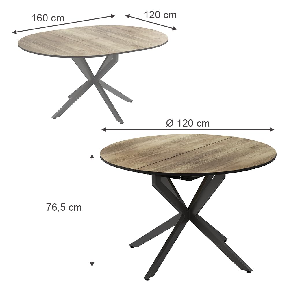 Vicco Mesa de Comedor Loyd, Negro/Roble rústico, 120 x 76.5 cm Extensible, Apto para Ampliar la Superficie de la Mesa según Sea Necesario