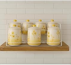 طقم برطمانات توابل QQ-977-A من البورسلين بتصميم زهرة لتنظيم المطبخ من هوم كير، طقم واحد من 7 قطع