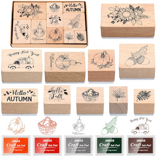 Woanger 15 Pcs Fall Wooden Rubber Stamps with Ink Pads Fall Style