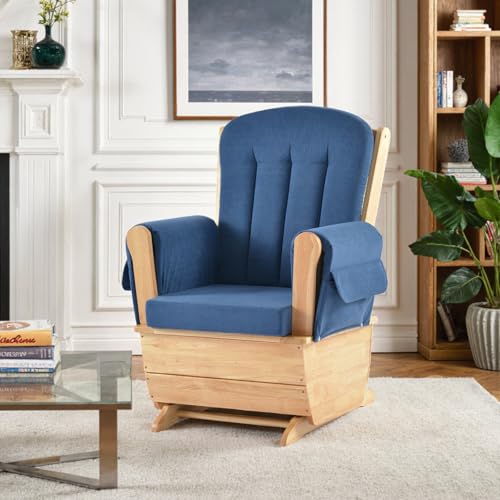 Image of Silent Gliding Rocking Chair Solid Wood Rocking Chair with Storage Pouch and Soft Cushion Smooth Rocking Motion, Perfect for Napping or Reading Blue