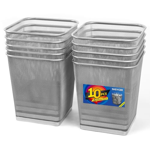 Image of 10-Pack Silver Square Metal Trash Cans, 6 Gallon Capacity, Mesh Design, Non-Slip Base, Smooth Edges, Suitable for Office, Home, School