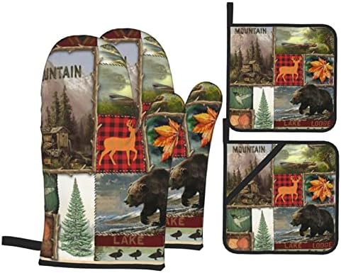 AMZY Cabin Bear Deer Oven Mitts and Pot Holders Sets of 4,Resistant Hot Pads with Polyester Non-Slip BBQ Gloves for Kitchen,Cooking,Baking,Grilling