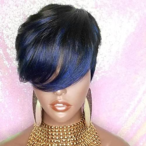 Kabadu 9A Brazilian Human Hair Wigs 1bblue Short Pixie Cut Wig with Swoop Bangs Glueless Human Hair Wigs Short wigs No Lace Front Human Hair Wigs (1bblue), 1 Count (Pack of 1),blue