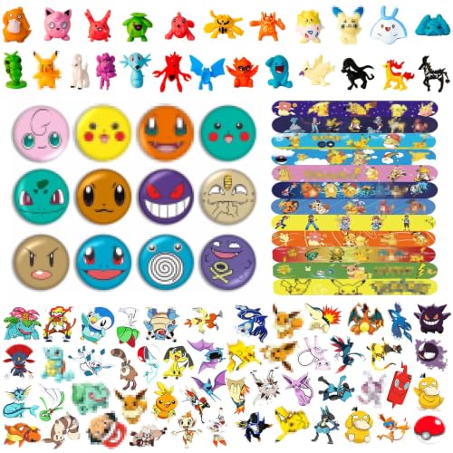 YFCHOTI Lot de 98 petits cadeaux d'anniversaire pour enfants, avec mini figurines, bracelets à clipser, badges, autocollants, petits cadeaux pour garçons et filles