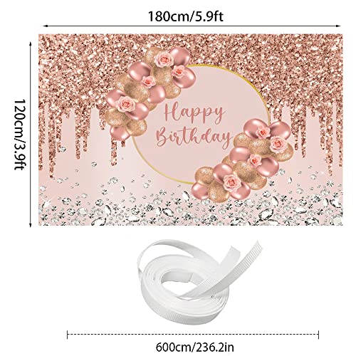 Happy Birthday Backdrop For Girls Women Rose Gold Glitter Diamonds Flower Balloon Sweet 16Th 18Th Birthday Party Banner Decorations Supplies #TOP3