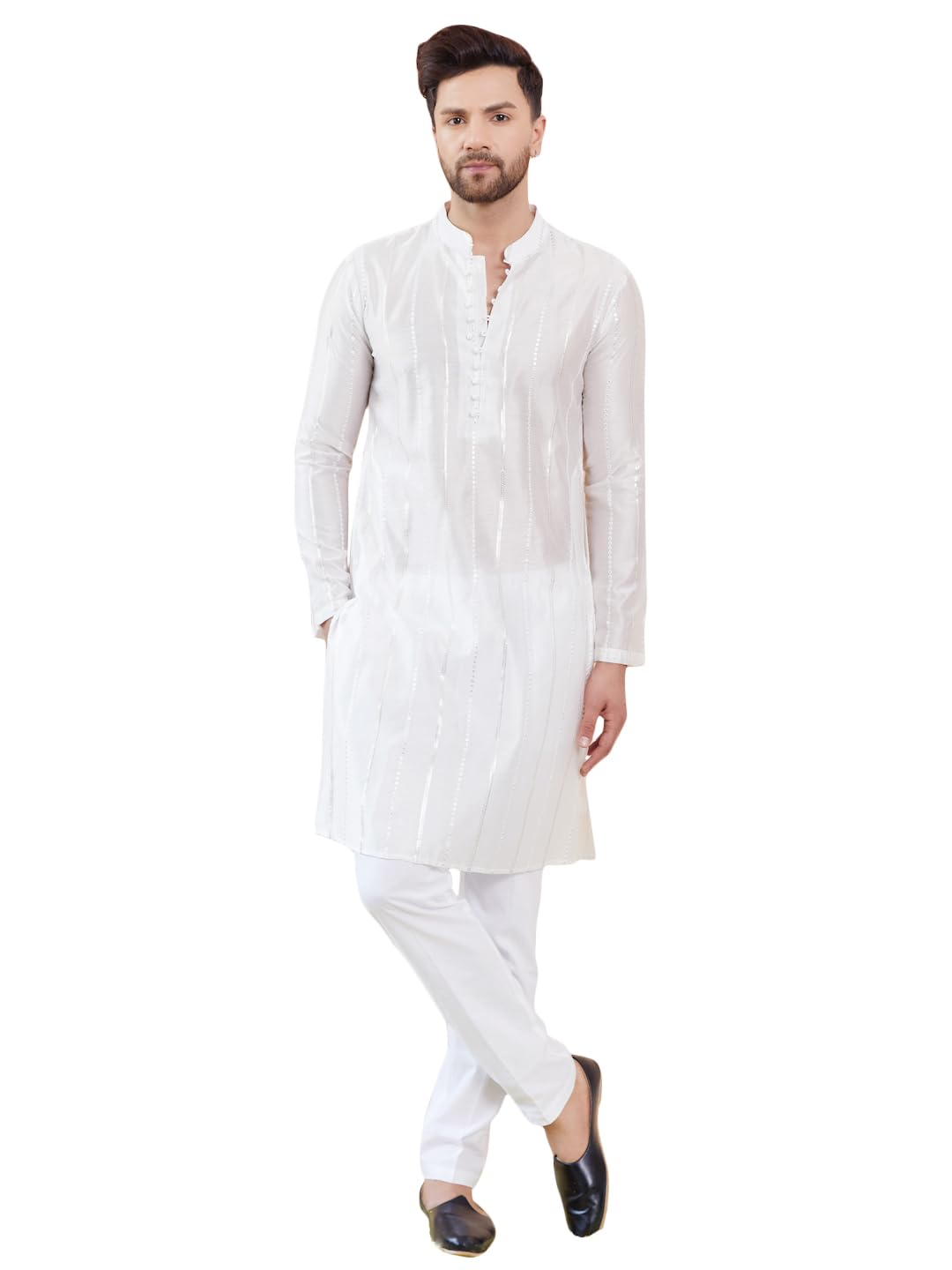 Men's Long Sleeve Mandarin Collar Side Slit Sequins Embroidered Chanderi Silk Straight Kurta with Pyjama-image-41