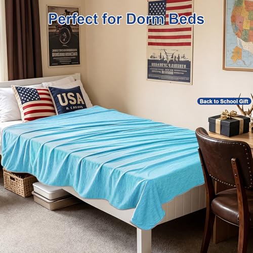 Image of KMUSET Cooling Blanket Twin (60 inchx80 inch), Double Sided Summer Cooling Blankets for Hot Sleepers & Night Sweats, Cool Soft Lightweight Blanket for Dorm Room Essentials, Picnic, Gifts for Women Sky Blue