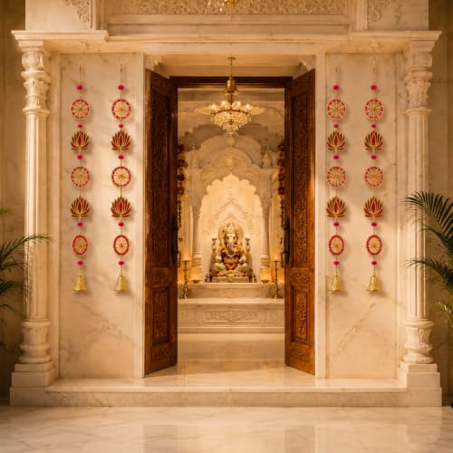 Image of JH Gallery White Wooden Lotus for Ganpati Decoration Items for Home - Handmade Ganesh Chaturthi Backdrop Decoration, Mandir & Balcony Hanging (36 Inch, Pack of 2)