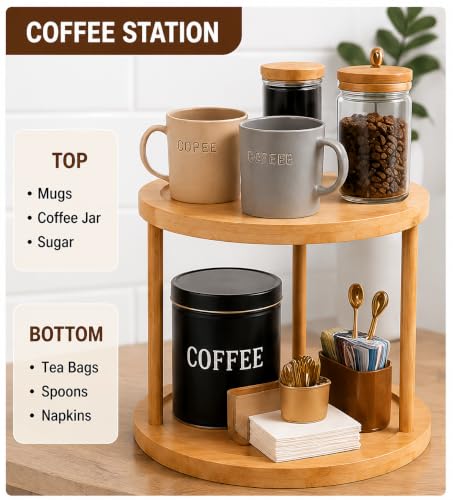 Image of Curated Cart Lazy Susan Organizer for Kitchen, 2 Tier Rotating Tray, 360 Bamboo Turntable, Dining Table Organizer for Home, Oil Bottle Organizer Stand, Kitchen Countertop & Spice Storage Organizer