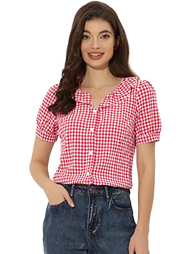 Allegra K Plaid Blouse for Women's Puff Sleeve Ruffle Peter Pan Collar Shirt Top