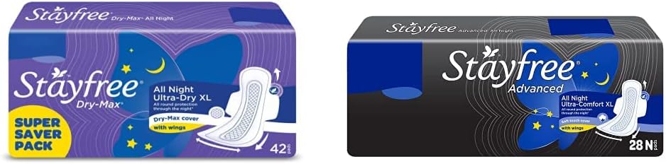 All Night XL Dry Max Cover Sanitary Napkins - 42 Pads (Super Saver Pack) & Stayfree Advanced XL All Night Sanitary napkins (28 Count)