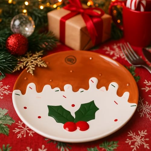 Piatto Piano Decorativo Natalizio con Design Pudding Glassato e Agrifoglio, Ideale per Servire Dolci, Biscotti e Antipasti Durante le Feste 25cm - Varzi dal 1956