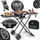 KESSER® elektrischer Elektrogrill 2in1 Tischgrill & Standgrill mit Deckel & Standfuß, 2400 Watt, Thermostat, Antihaftbeschichtung, Abstelltische + Abdeckung, Balkon Grill für drinnen & draußen