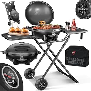 KESSER® elektrischer Elektrogrill 2in1 Tischgrill & Standgrill mit Deckel & Standfuß, 2400 Watt, Thermostat, Antihaftbeschichtung, Abstelltische + Abdeckung, Balkon Grill für drinnen & draußen