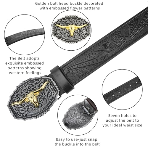 Image of Mens Western Cowboy Cowgirl Faux Leather Belt Longhorn Bull Pattern Letter Big Buckle Embossed Floral Belts