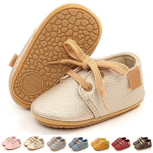 LAFEGEN Baby Boys Girls Oxford Dress Shoes Non Slip Lace Up Sneaker PU Leather Moccasins Newborn Infant Toddler Loafers First Walker Crib Shoes 3-18 Months, 001 Gold, 3-6 Months Infant