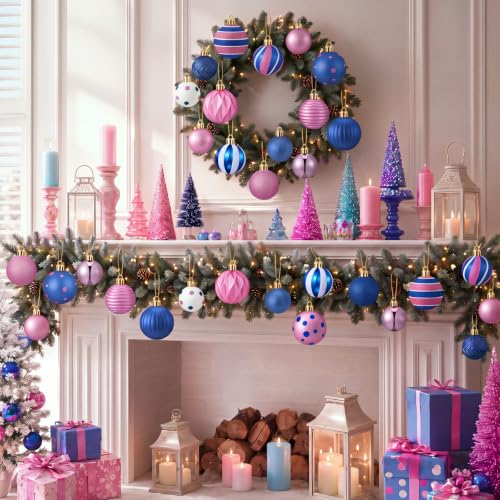 Image of Lunmon 64 Pcs Blue Pink Christmas Ball Ornaments Set Cartoon Xmas Baubles