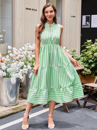 Image of BROVAVE Womens 2026 Summer Sleeveless Shirt Dress Collar Striped V Neck Casual Midi Dresses