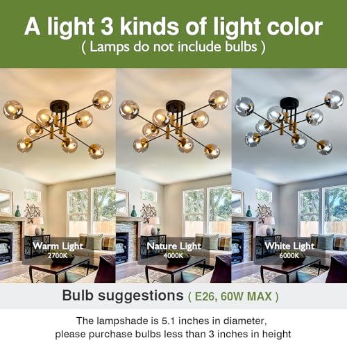 Image of 8 Light Glass Globe Ceiling Light Black and Gold Mid Century Flush Mount Sputnik Light Fixture Bubble Chandelier Living Room Farmhouse for Dining Room Kitchen Bedroom.