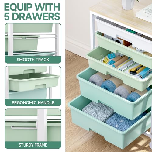 Craft cart,Rolling Cart with Drawers,Storage Cart with 5 Drawers and Wooden Tabletop for Under Desk Organizers and Storage,Green - Thumbnail 4