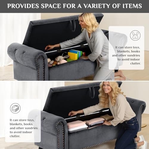 Miniatura 7 de Clevich Banco Almacenaje, Puff Almacenaje Otomana Con Varilla De Elevación, Extremo De La Cama Con Tapa, De Carga 168 Kg Para Pasillo, Comedor, Dormitorio, Salón Gris, 1 Pieza
