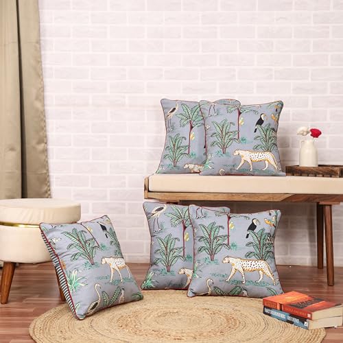 Image of 16 inch x 16 inch Cushion Covers Set of 5 Grey Forest Printed Cotton Decorative Square Cushion Covers Pack of 5 for Sofa Decor