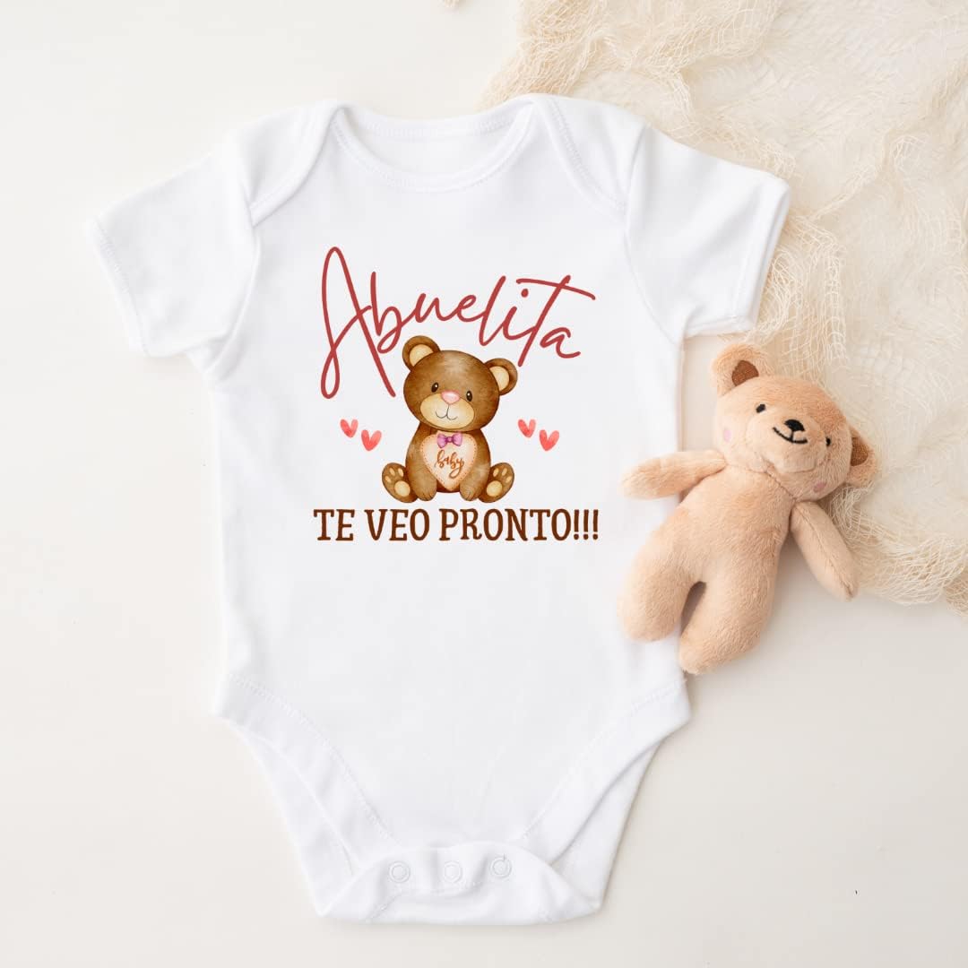 Hola Abuela Grandma Baby Announcement Onesie In Spanish, Cute Pregnancy Announcement Gifts For Grandparents, Surprise Baby Reveal Ideas For Abuelita To Be.