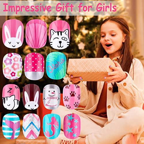 144Pcs Kids Press On Nails, Thrilez Girls False Nails Children Artificial Fake Nail Tips Pre Glue Stick On Short Nails Decoration Gift For Kids Teens Girls Age 7 12 (Colorful Days) #TOP6