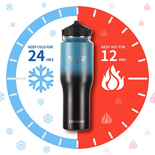 Uchiers 32Oz Stainless Steel Water Bottle T-Shape Insulated Bottle Fit Car Cup Holder, Vacuum Double Wall Tumbler With Straw Lid, Spout Lid, Keep Cold For 24 Hrs, Hot For 12 Hrs(Blue/Black) #TOP7