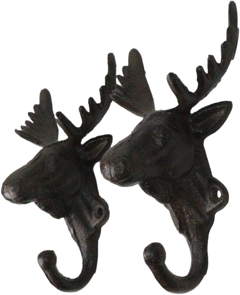 Ebros Gift Pack of 2 Cast Iron Vintage Heirloom Western Rustic Bull Moose Head Wall Hook Hanger Decor Plaque 6.5" H Multi-Purpose Coats Hats Keys Scarves Belts Towels Pet Leashes Hangers Antlers Hook