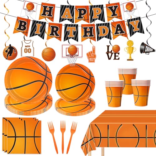 130 Pcs Basketball Party Supplies Basketball Party Decorations Plates Napkins Cups Forks Tablecloth Banner Hanging Swirl for Basketball Birthday Party Decorations, Serves 24