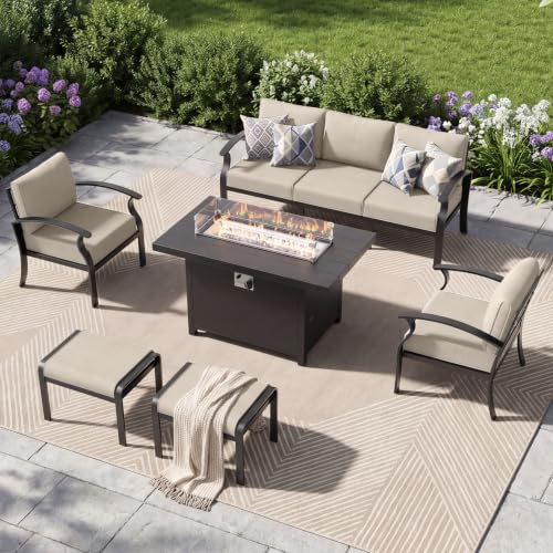 Image of Aluminum Patio Furniture Set with Fire Pit Table, 7 Seats Outdoor Patio Conversation Sets with Ottomans, Modern Metal Patio Sectional Sofa with Upgrade Cushions for Patio, Backyard, Deck - Sand