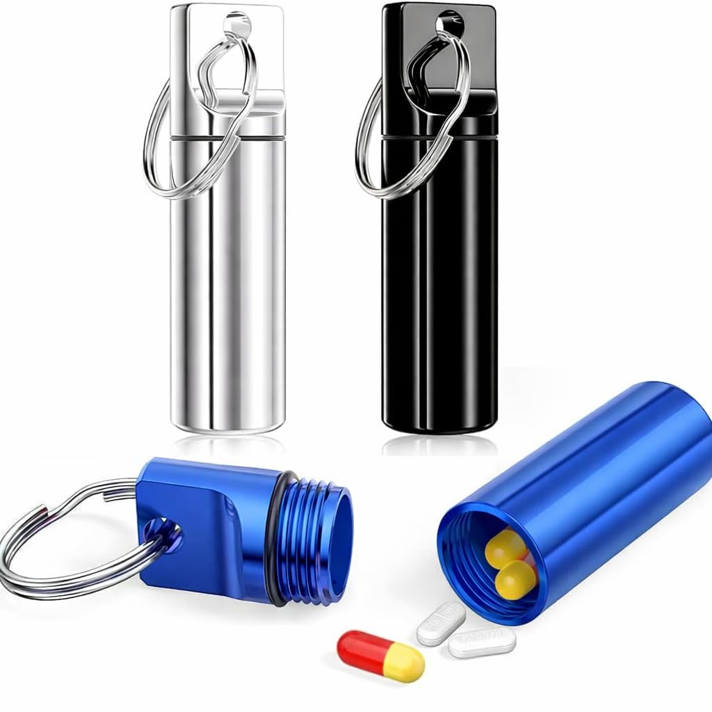Sumiko Pack of 2 Small Pill Boxes, Keychain Pill Holder Portable Mini Travel Pill Container Metal Case Bottle with Keyring-image-33