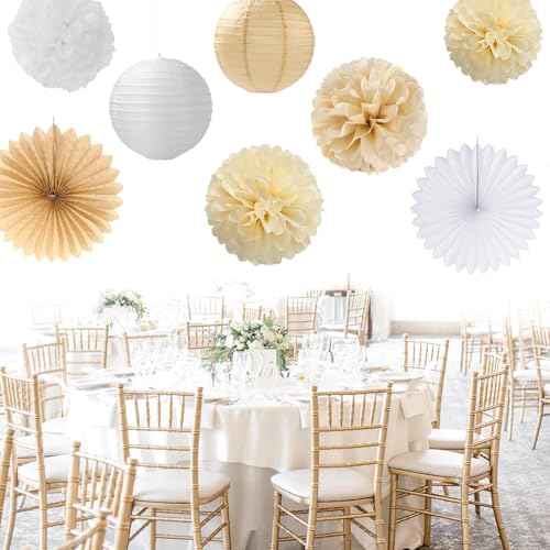 Image of Champagne Gold White Bridal-Shower Party-Decorations - 31pcs Bride to Be Banner,Boho Neutral Bachelorette Paper Lanterns,Wedding Streamers Garland,Tissue Pom Poms Flower Fan Decor Supplies Burgleda