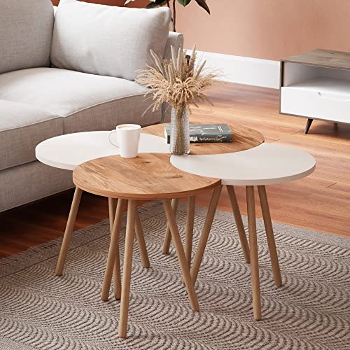 [en.casa] Set de 4 Mesas de Centro Nido Versátil Juego de 4 Mesas Auxiliares para Salón Sala Aglomerado/Haya 48 x 77 x 77 cm Blanco/Efecto Madera