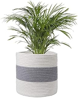 NUYYR Cotton Braided Baskets, Cotton Rope Plant Basket, Household Storage Basket, Woven Flower Pots, White and Gray Sturdy Cotton Plant Pot With Handle for Indoor Versatile Storage Containers, 20cm