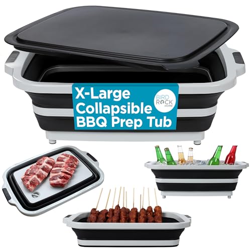 BIRDROCK HOME Collapsible XL BBQ Prep Tub w/Cutting Board, Multi-Function Grill Caddy w/Colander & Lid, Portable Silicone Dish Bowl for Picnic, Tailgate, Camping - Black
