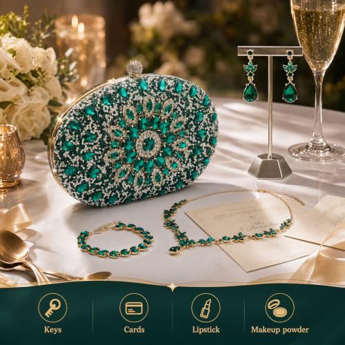 Image of Quelay 4 Pcs Purse Rhinestone Jewelry Set for Wedding Bridal Women Evening Clutch Bag Necklace Dangle Earrings Bracelets