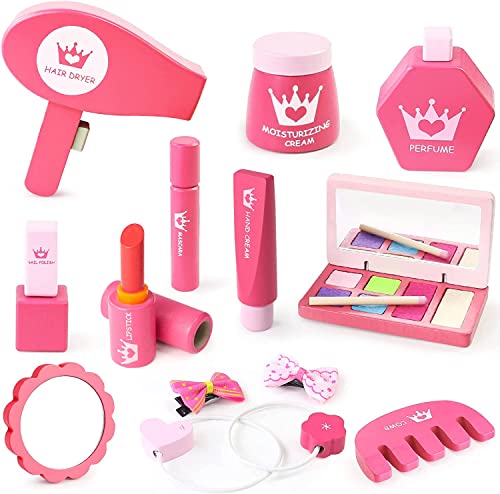 TONZE Kinderschminke Set Mädchen Holzspielzeug Schminkkoffer Mädchen Rollenspiel Kinder Spiele Geburtstag Geschenk Prinzessin Spielzeug ab 3 4 5 Jahre Mädchen - 14 Stück