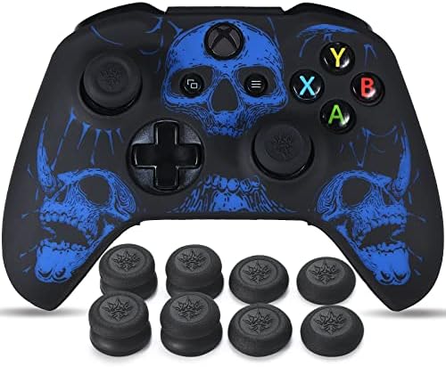 YoRHa Laser Carving Silicone Skin for Xbox One S/X Controller x 1(Red) with Pro Thumb Grips x 8
