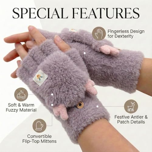 Image of Kraptick Women's Cute Reindeer Plush Convertible Fingerless Gloves - Winter Warm Fluffy Flip-Top Mittens - Korean Style Soft Hand Warmers for Girls & Ladies (Free Size, White)-3