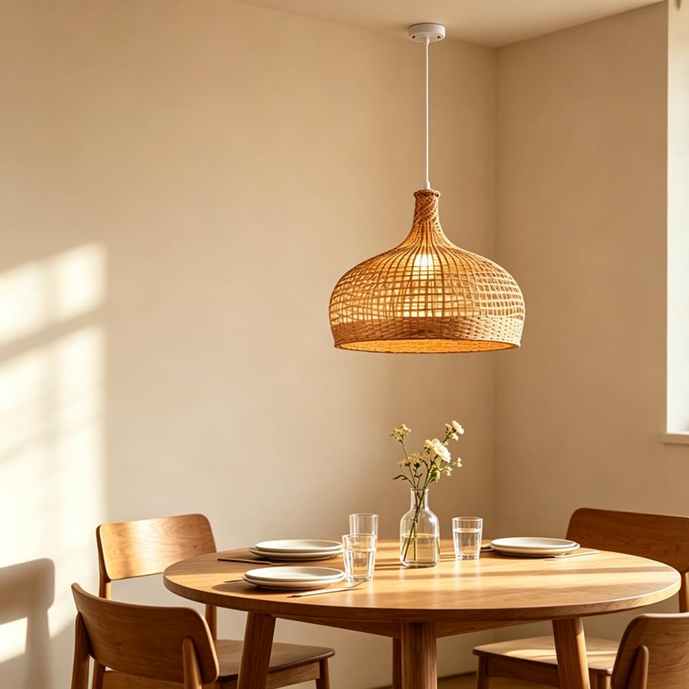 Żyrandol rattanowy Retro Simplicity, 17,7 cala, lampa stołowa do jadalni