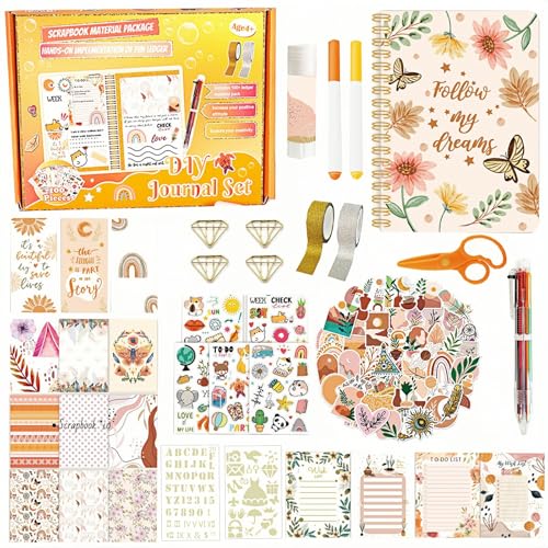 ROEOWENE 155PCS Bullet Journal Kit Scrapbooking Niña diy Scrapbooking Materiales Pegatinas Scrapbooking Papel Papeleria Aesthetic Diario Album Scrapbook Manualidades Regalos 8 9 10 11 12 Años-Bohemio