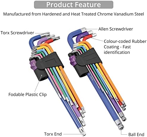 Hex Keys Justech 36PCs Imperial /Metric /Hex /Star Hex Key Set Long Arm Ball End Allen Wrench Set Multicoloured with T-Handle for DIY Furniture Assembly Bicycle Repairing