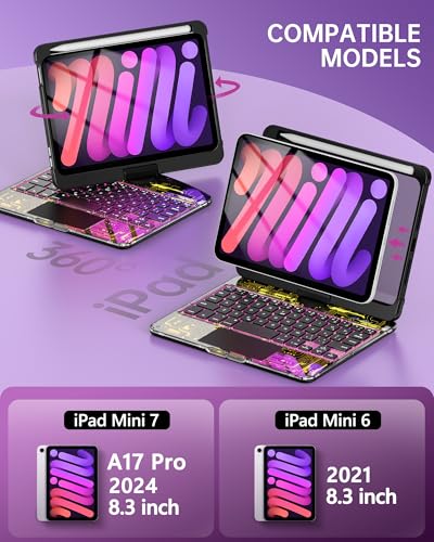 Image of Intermerge Keyboard Case for iPad Mini 7 (A17 Pro, 2024) & Mini 6 (2021) 8.3 inch - 360 Swivel Multi-Touch Trackpad, 7-Color RGB Backlit Keys, Pencil Holder, Type-C Charging, Power Indicator-Shadow Pulse