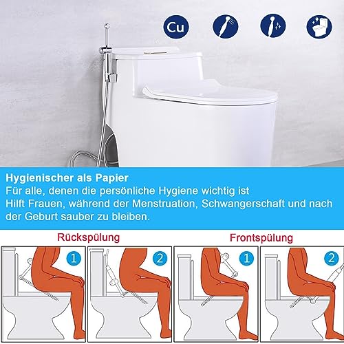 Bidet Handbrause für Toilette Bidet Sprayer, Uvish 7.9 Aufsatz Duschkopf mit Einstellbarem Druck G1/2 & G3/8 Toilette Ventil, Muslimische Dusche Shattaf für WC Persönliche Hygiene,Chrom