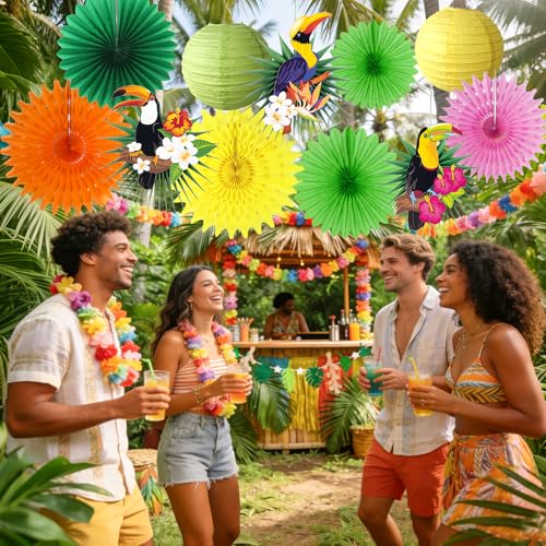Image of Tropical Bird Toucan Garland Party for Summer Hawaiian Party Decorationns | Tropical Jungle Themed Party Decorations Rainforest Party Supplies Decor with Palm Leaves Paper Fan Paper Lanterns