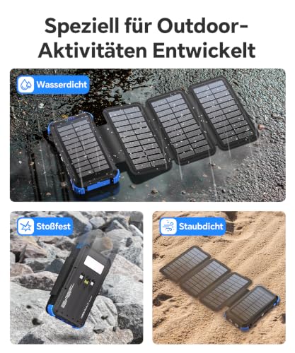 Solar Powerbank 20000mAh mit 4 Solarpanel, Powerbank mit 3 Kabeln – Ansicht 5