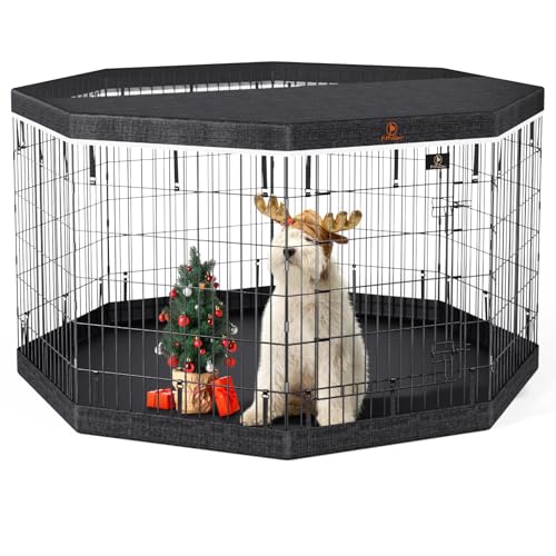 PJYuCien Dog Playpen, 8 Panels 36’’H Dog Pens Indoor with Bottom Pad and Top Cover, Metal Foldable Pet Puppy Exercise Fence Crate Kennel, Better for Medium Animals,Black
